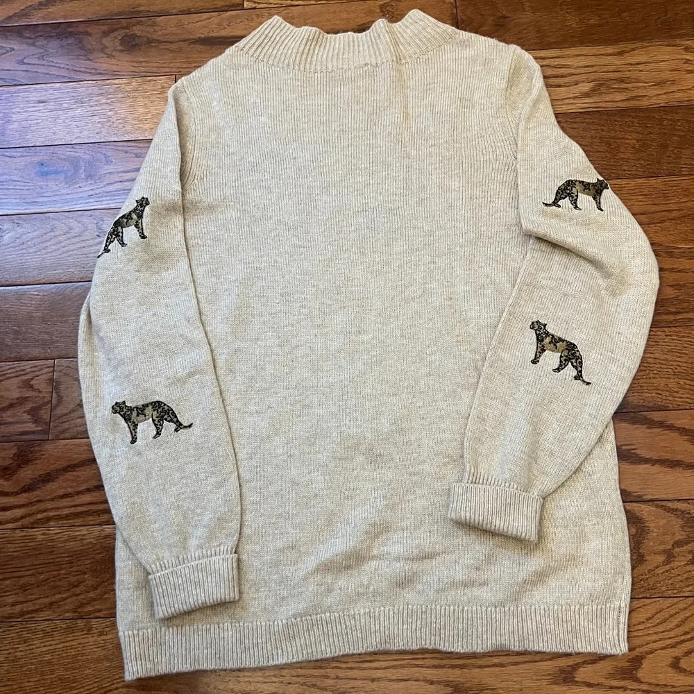 Chico’s Cashmere-Blend Embroidered Cheetah Tan Sweater Sz 0 - Picture 3 of 7
